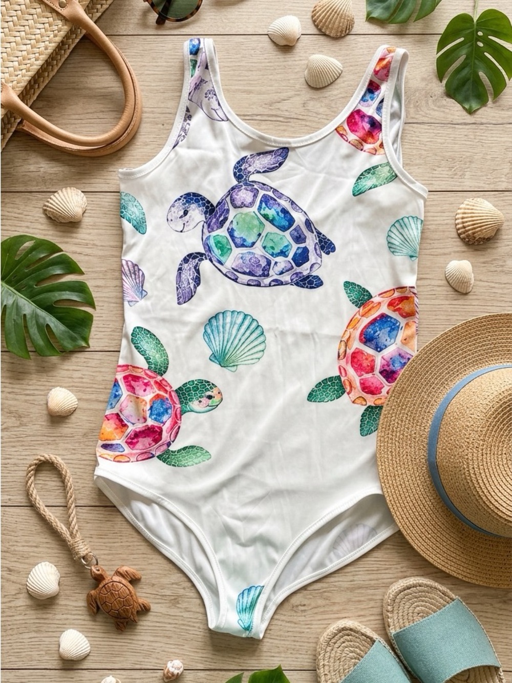 White One-Piece Bodysuit/Swimsuit with Colorful Fruit Print sz L